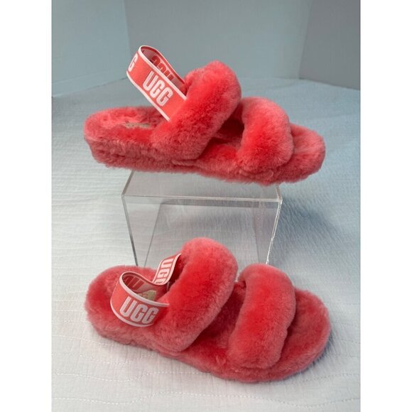 Ugg Womens SZ 8 Fluff Yeah Slide Slippers Pink Shearling Open Toe Indoor/Outdoor - Picture 4 of 9